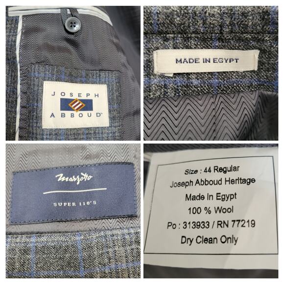 Joseph Abboud Heritage Marzotto Super 110s 100% Wool Gray Blue Plaid Blazer✨️44R - Picture 10 of 15